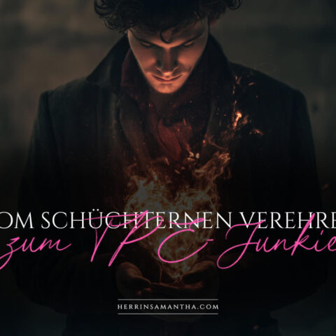 Schüchterner devoter Mann mit einem Flammen Herz in den Händen